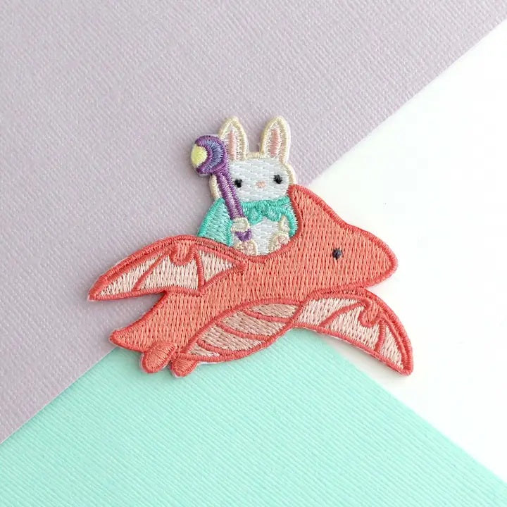 Bunny Mage Riding Dragon Embroidered Iron On Patch
