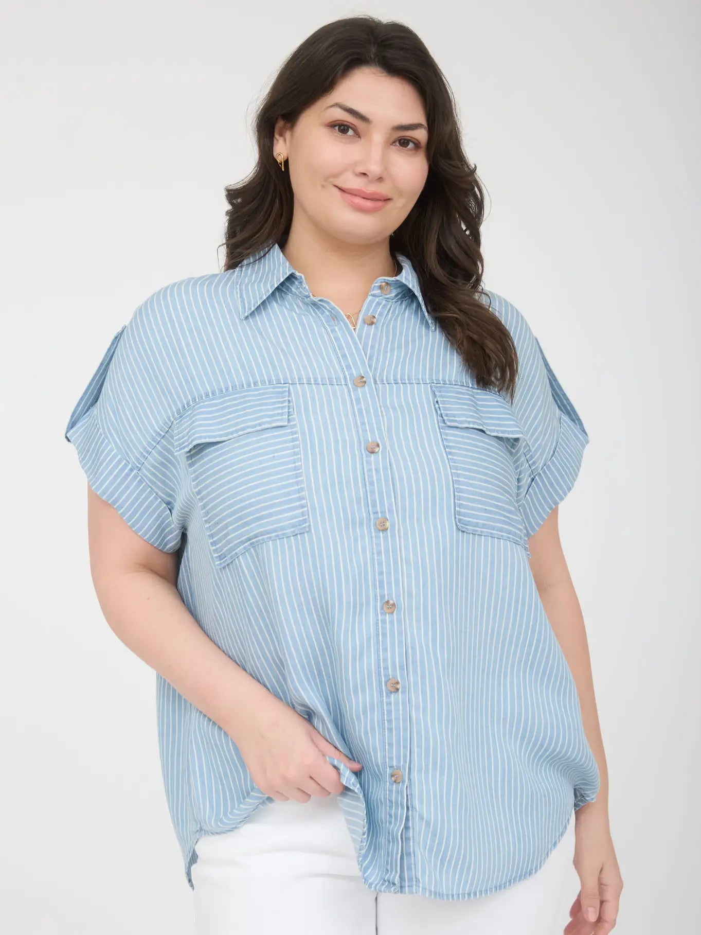 Plus Stripe Collared Pocket Detail Chambray Top
