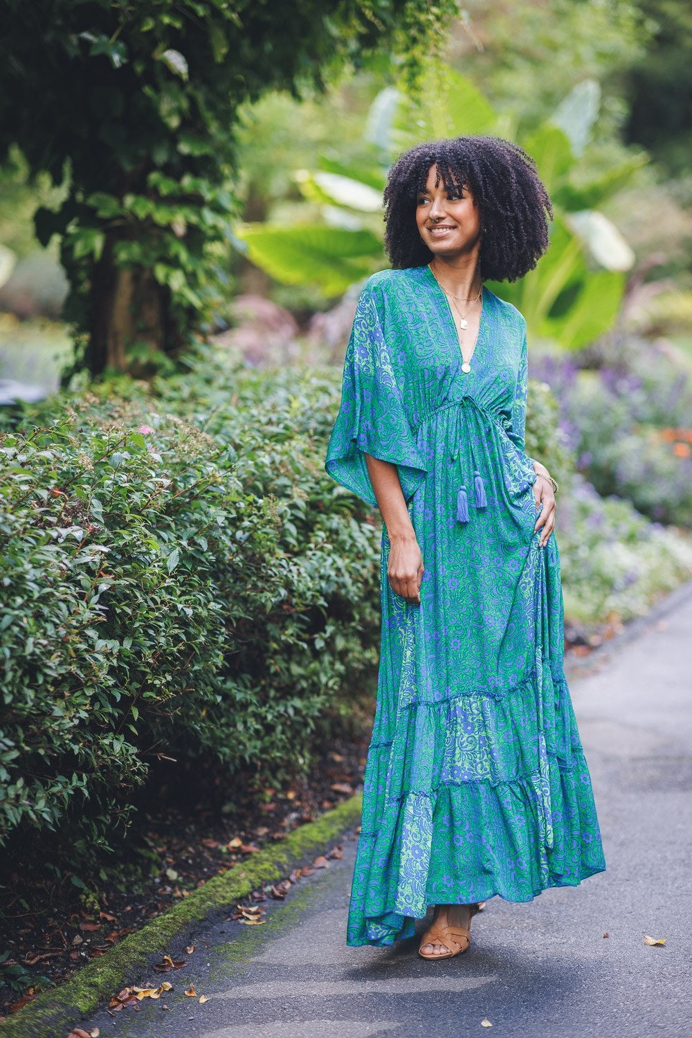 Satin Tiered Floral Wide Sleeve Dress