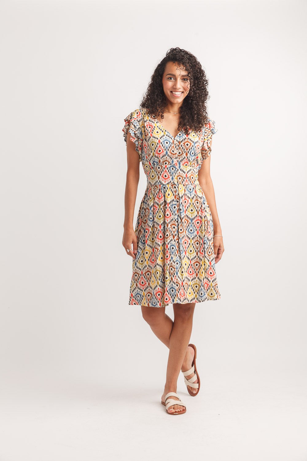 Ikat Button Front Dress With Pockets