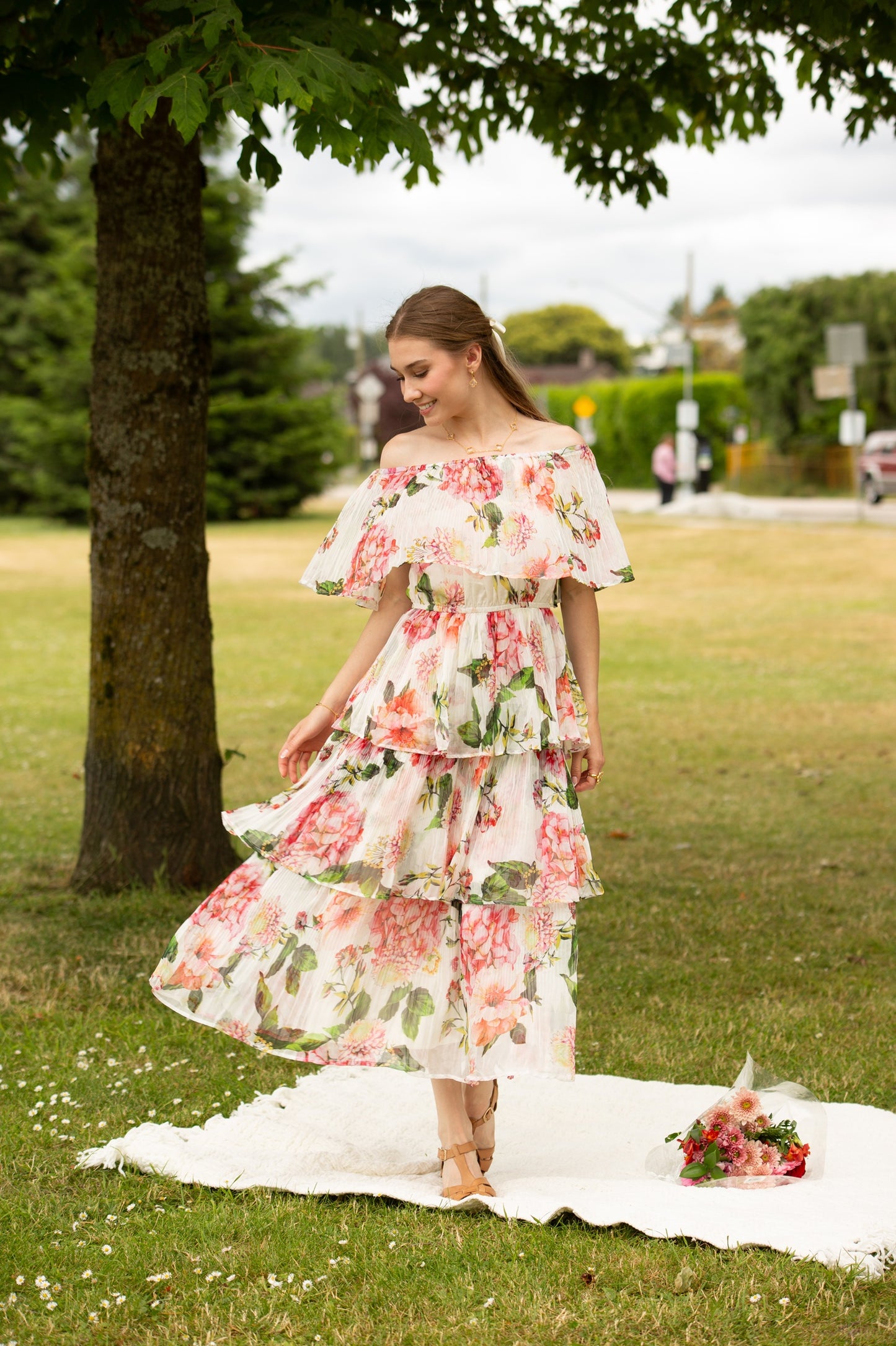 Floral Pleated Off The Shoulder Dress