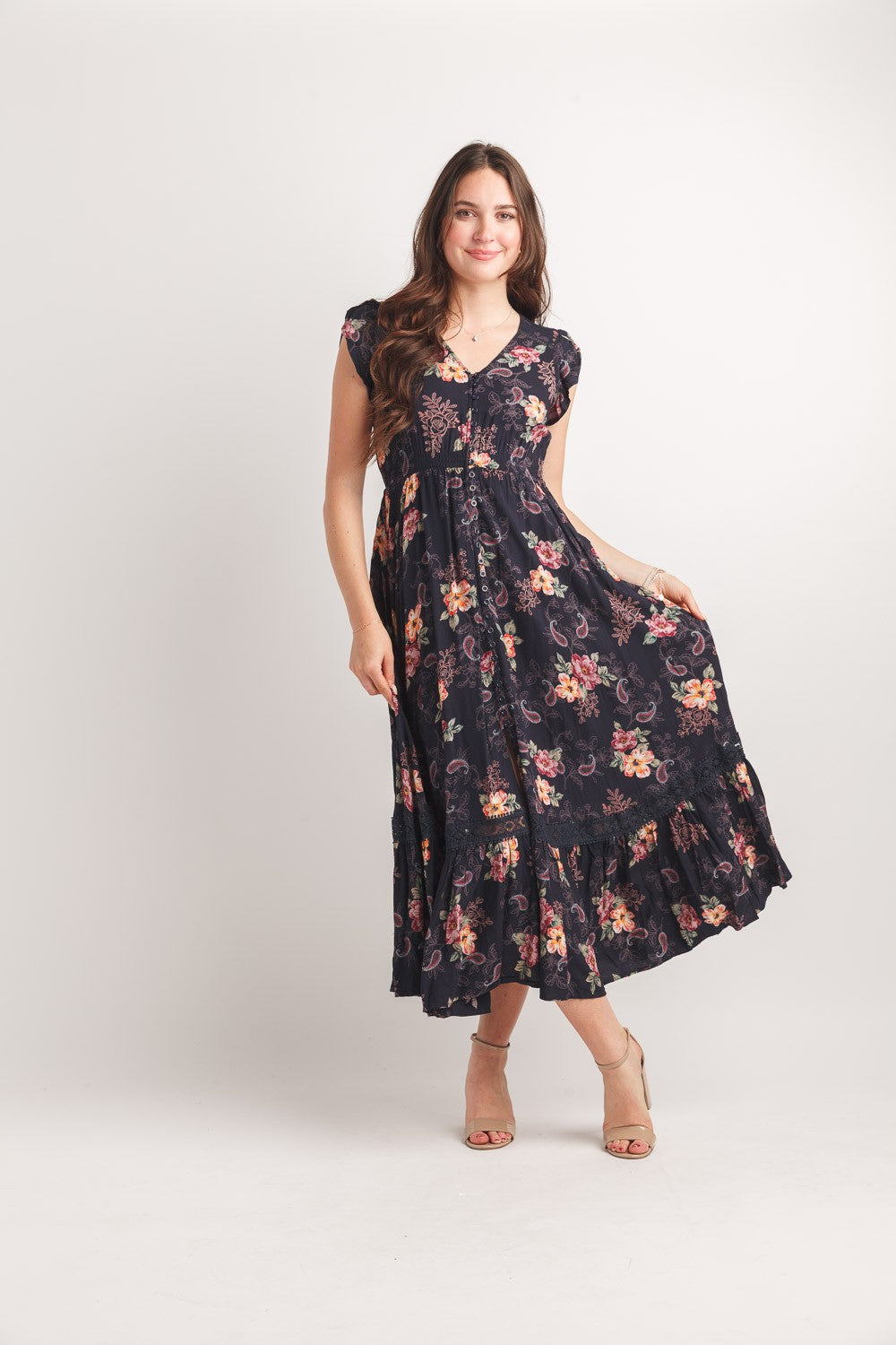 Floral Short Sleeve Button Front Dress