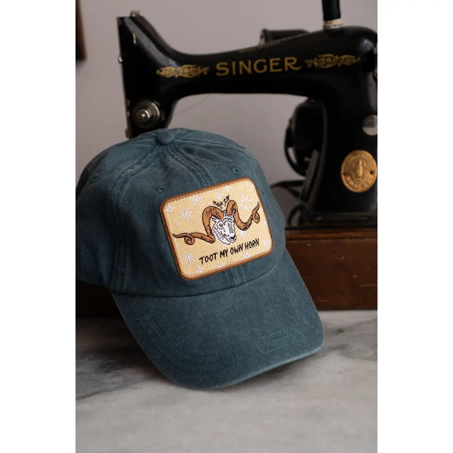 Vintage Teal Toot My Own Horn Patch Hat | Embroidered Patch Dad Hat