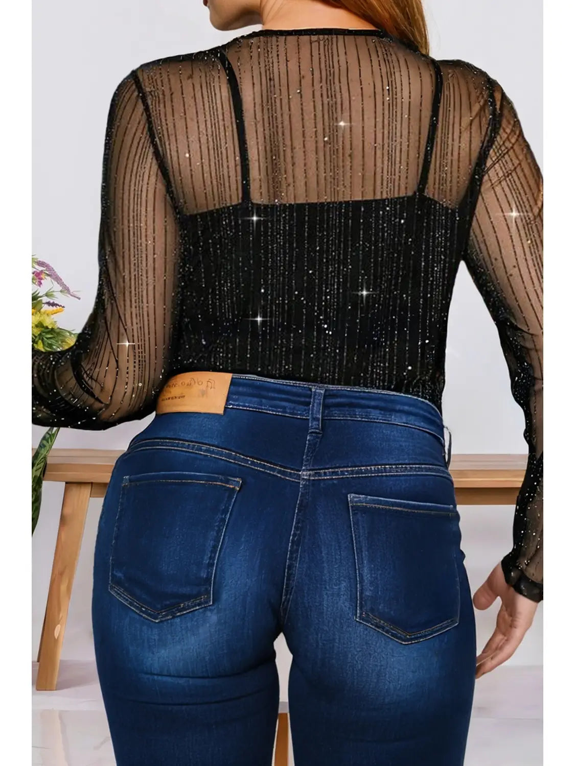 Plus Size Shimmer Textured Mesh Fitted Long Sleeve Top