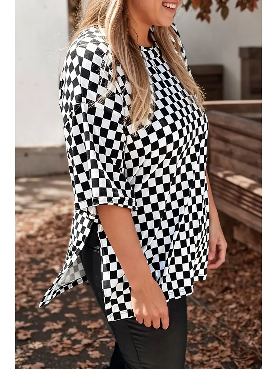 Plus Size Checkered Print Side Slits Round Neck T Shirt