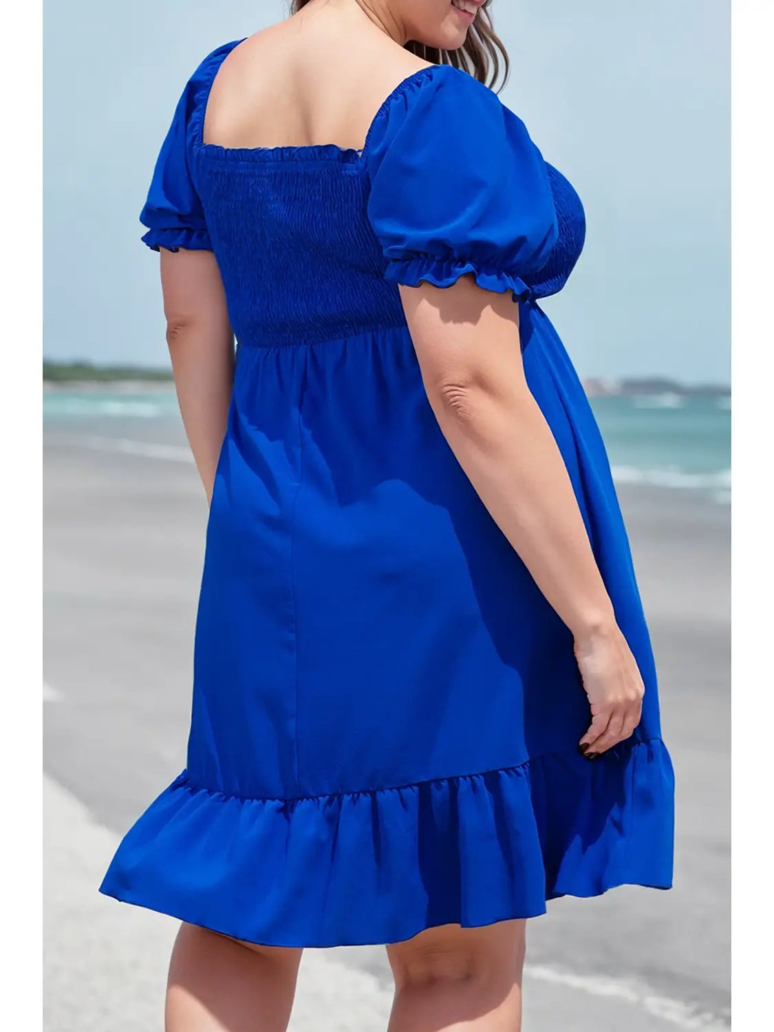 Blue Plus Size Shirred Ruffled Square Neck Mini Dress