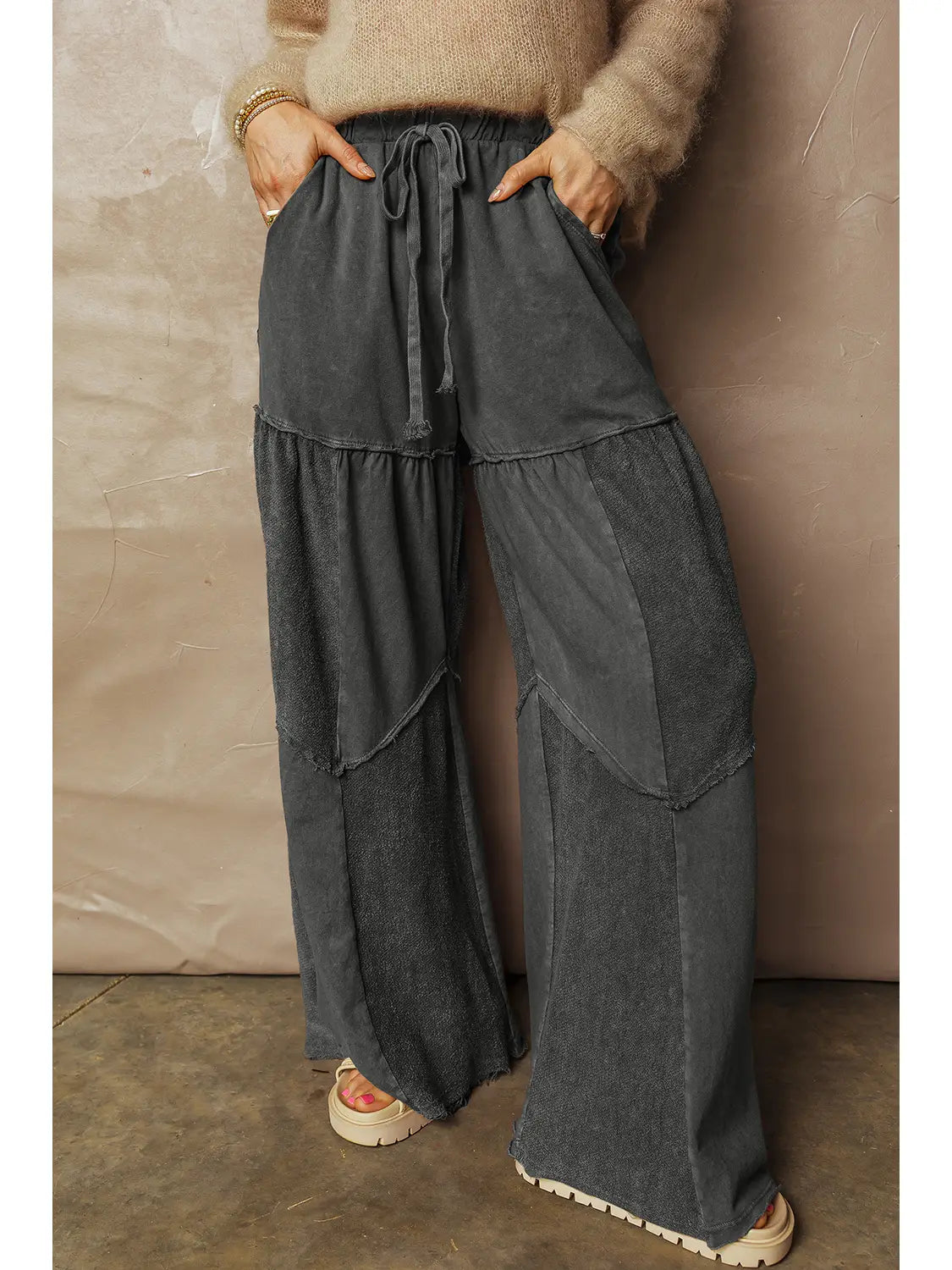 Plus Mineral Wash Tiered Wide Leg Patchwork Drawstring Pants
