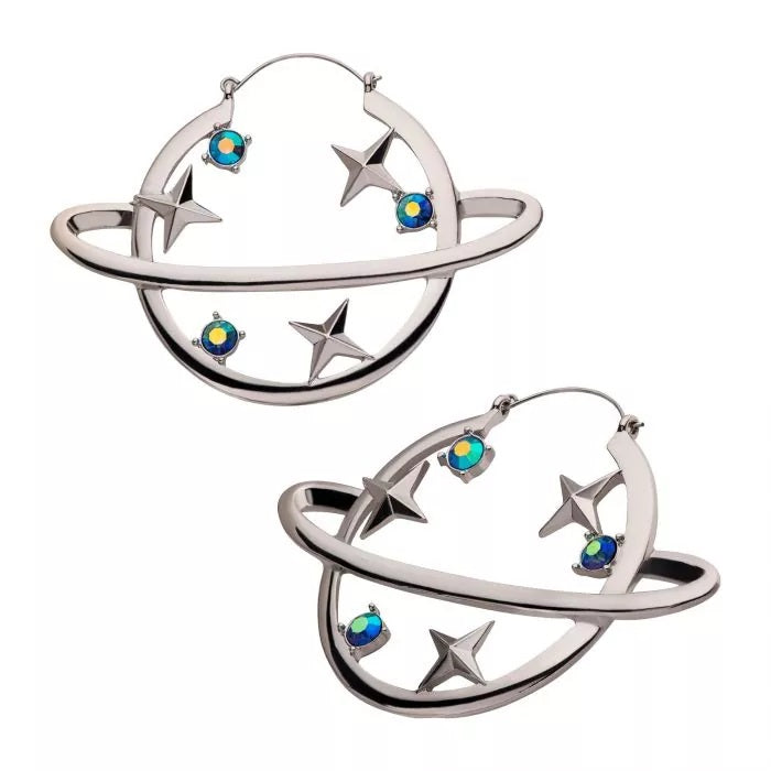 Surgical Steel Planet Neptune Hoops with Blue AB Gems Plug Hangers.