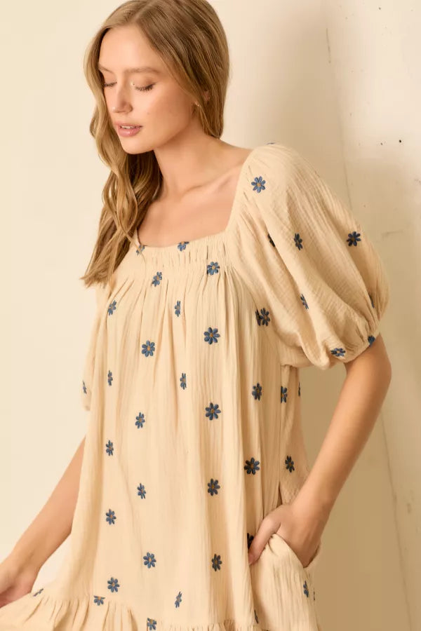 Floral Embroidered Bubble Sleeve Dress