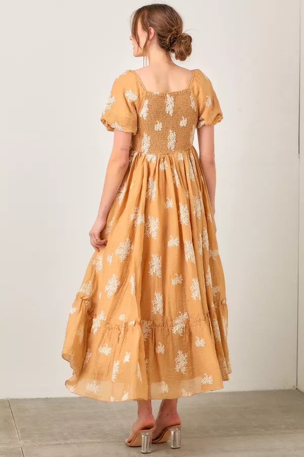 Embroidered Sleeve Square Neck Maxi Dress