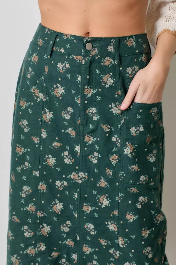 Green Floral Plus Midi Skirt
