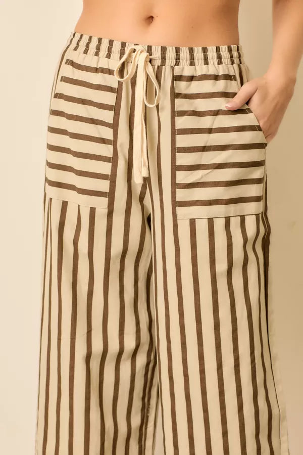 Ivory Brown Pinstripe Elastic Waist Pant
