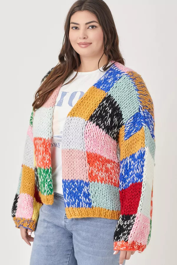 Patchwork Colorblock Plus Size Sweater Cardigan