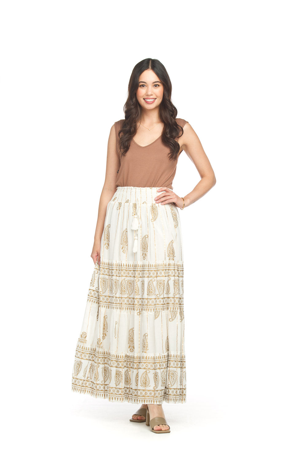 Gold Detail Tiered Paisley Maxi Skirt