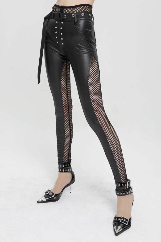 Faux Leather Pants Fishnet Waistband