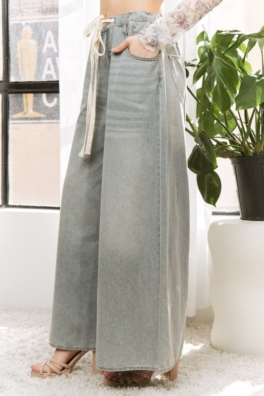 Denim Wide Leg Opening Plus Size Pants With Draw String