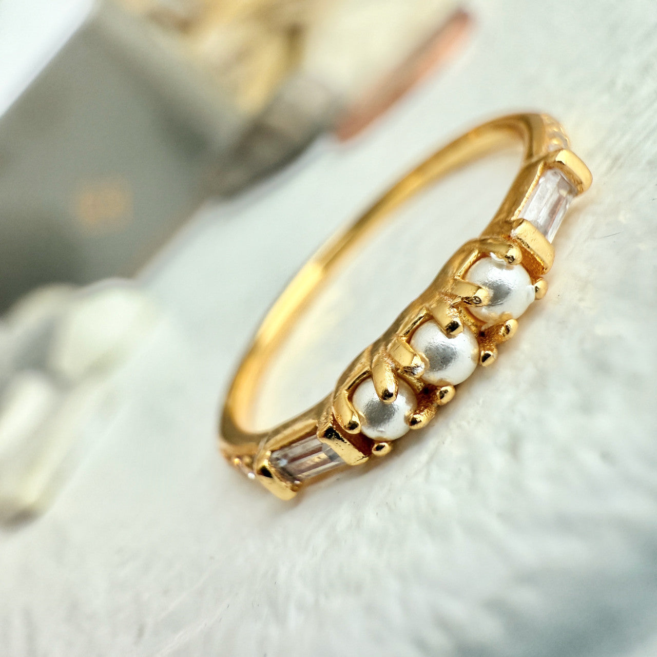 Phaedra Pearls & Baguette Ring In Gold Size 6