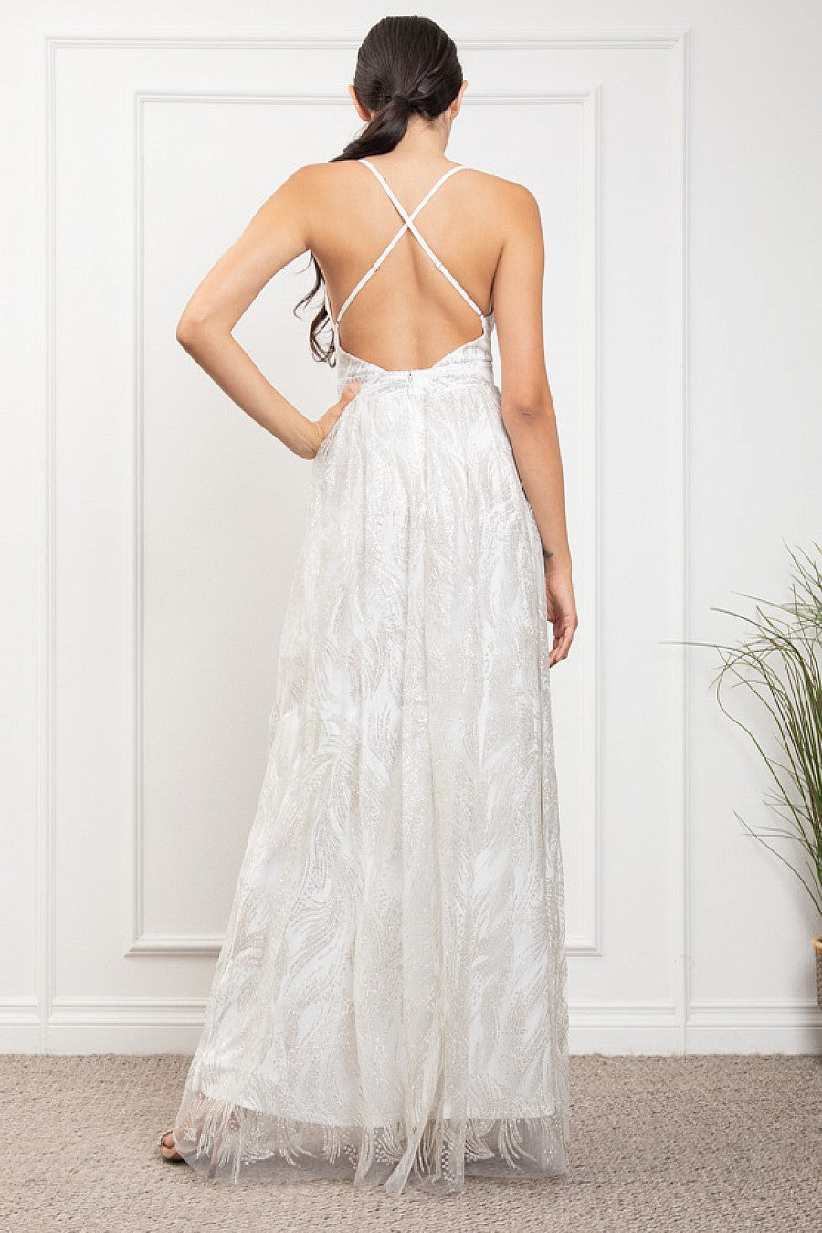 Deep V Neck Sequin Open Back Glitter Maxi Dress