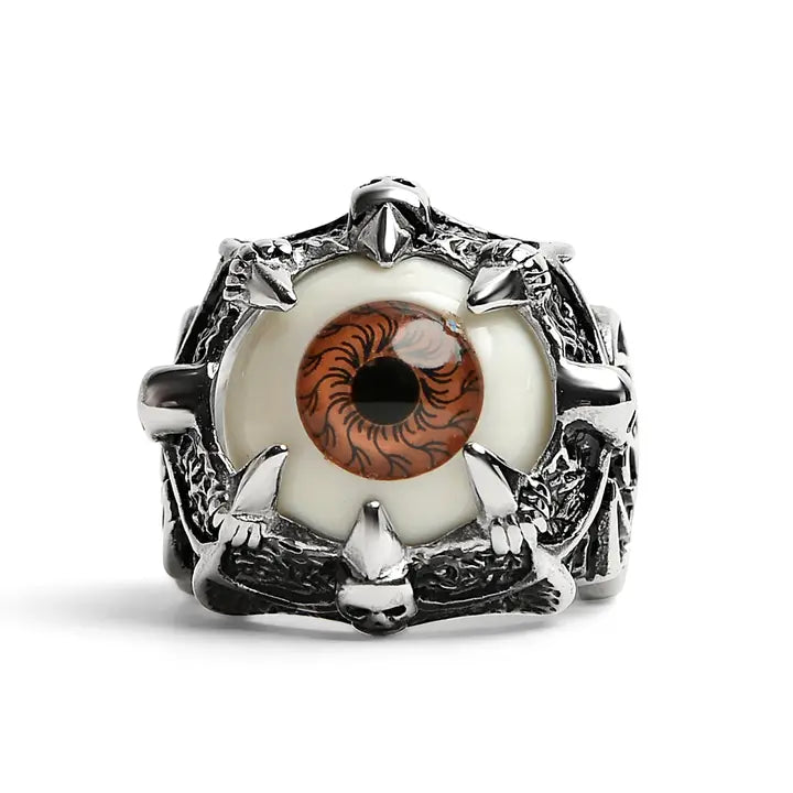 Gothic Red Eyeball with Claw and Skull Accent Ring