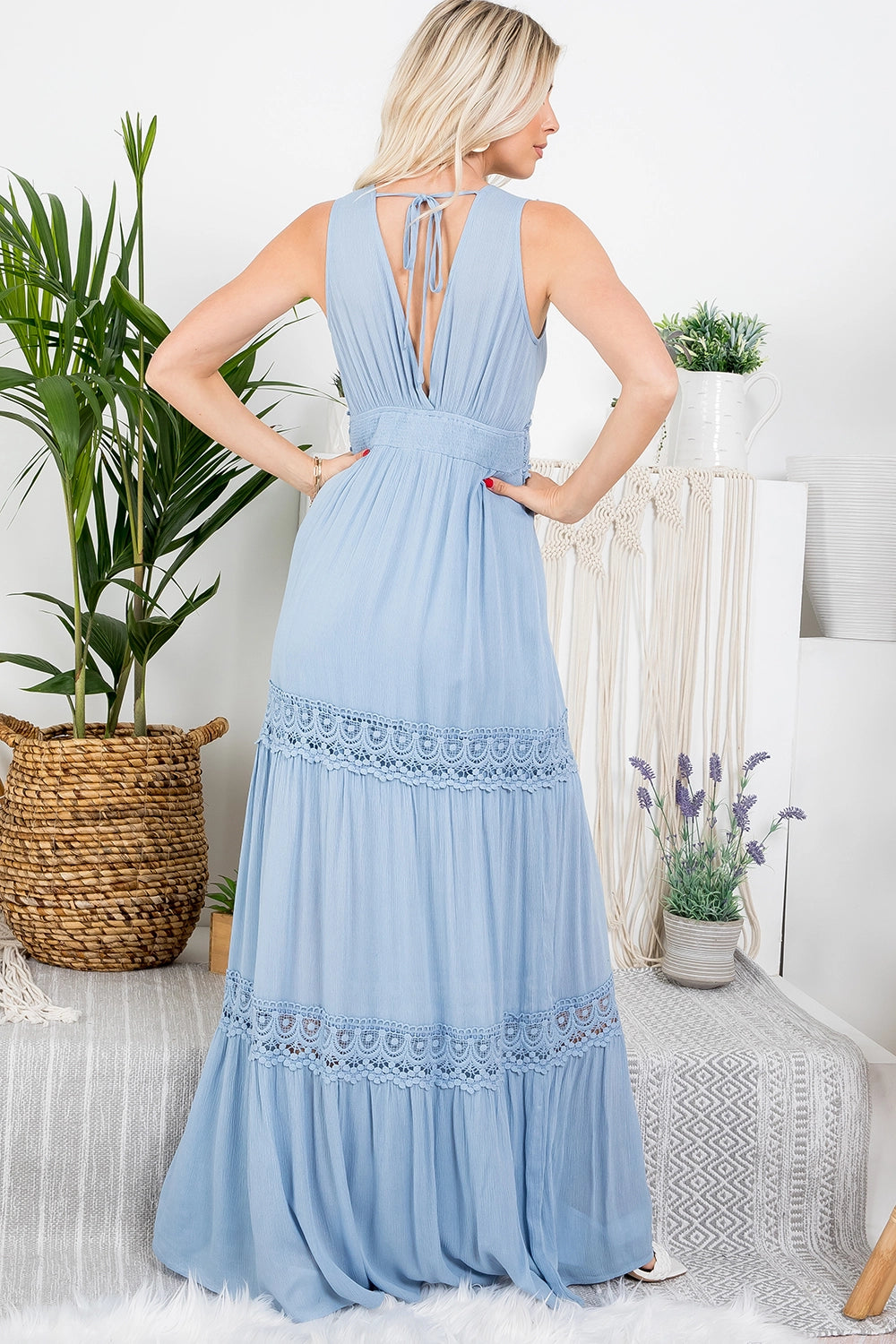 Blue Lace V-Neckline Tiered Maxi Dress