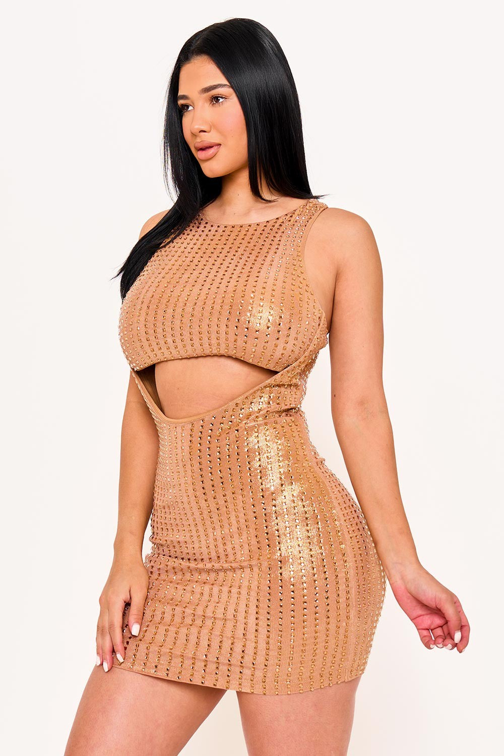 Rhinestone On Slinky Foil Crop Top Mini Dress