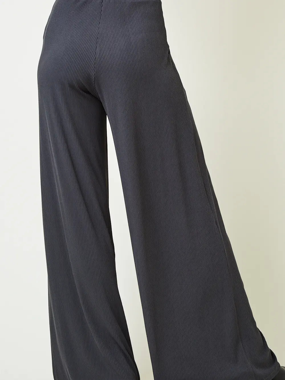 Charcoal Ribbed Knit Wide Leg Pants With Side Pockets