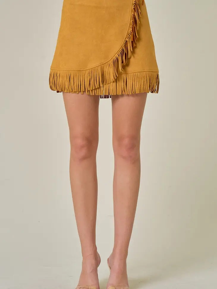 Suede Fringe Wrap Skirt