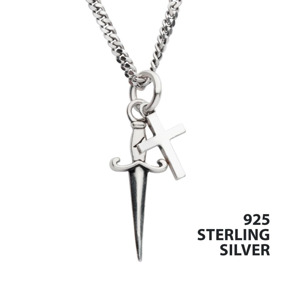 925 Silver Oxidized Dagger & Cross Duo Pendant with 20" Curb Chain