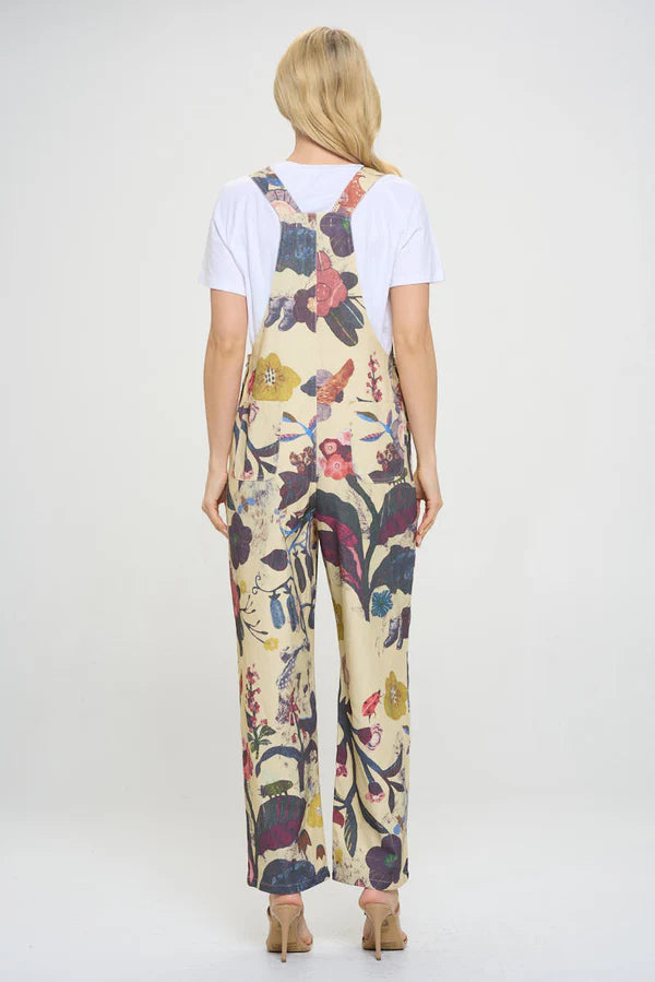 Beige Floral & Bird Print Overalls