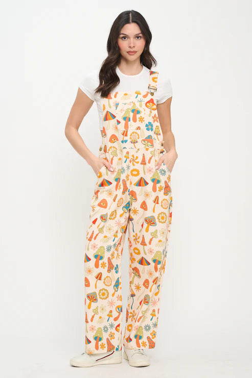 Colorful Floral Mushrooms Print Overalls