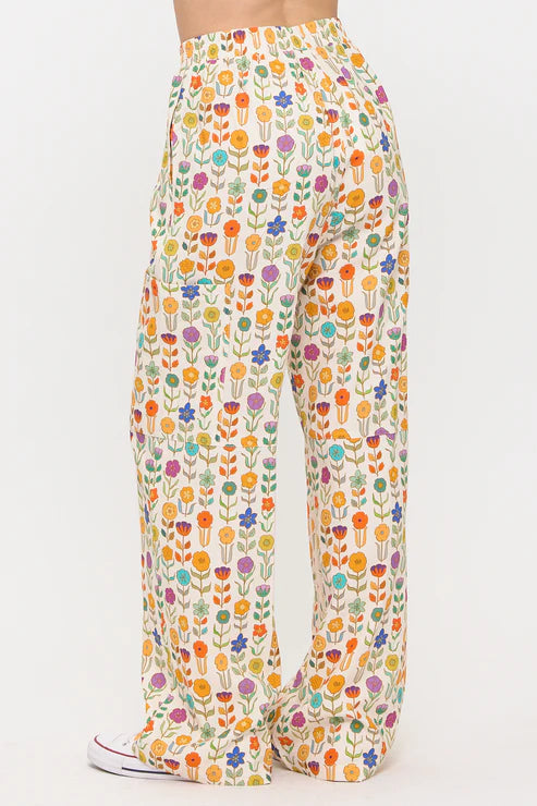Retro Mod Floral Print Wide Leg Pants