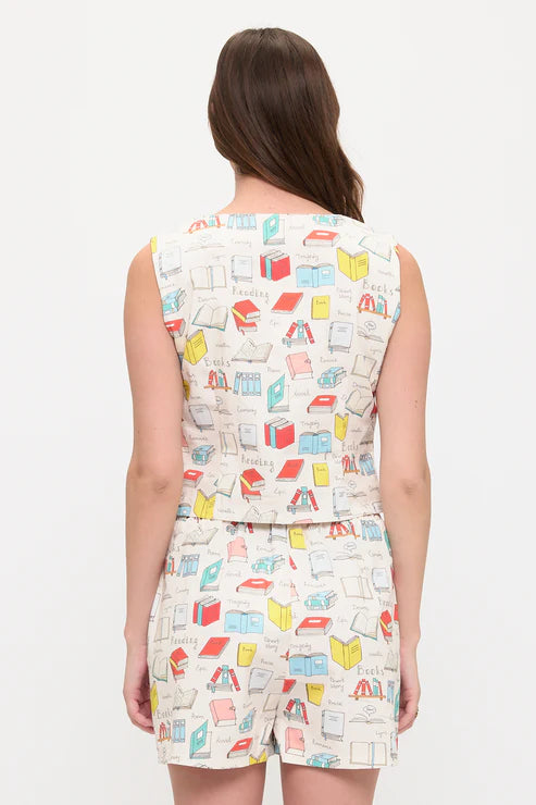 Colourful Books Print V-Neck Vest