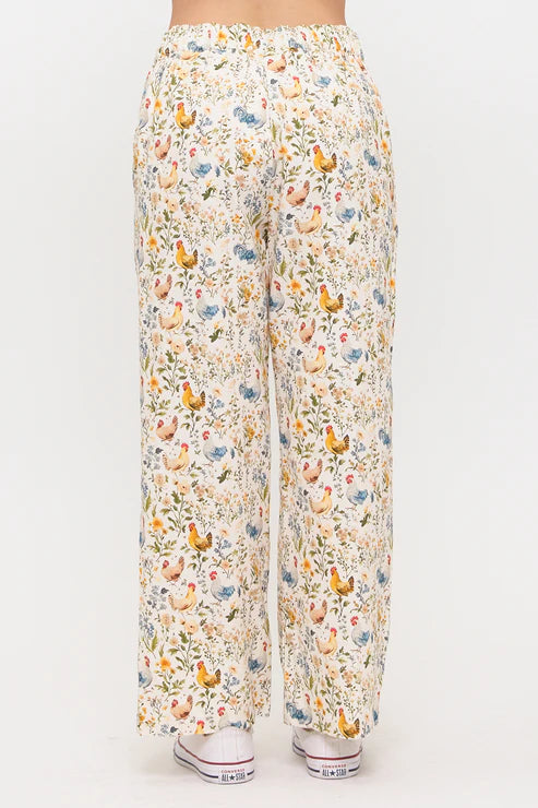 Rooster And Floral Print Wide Leg Pants