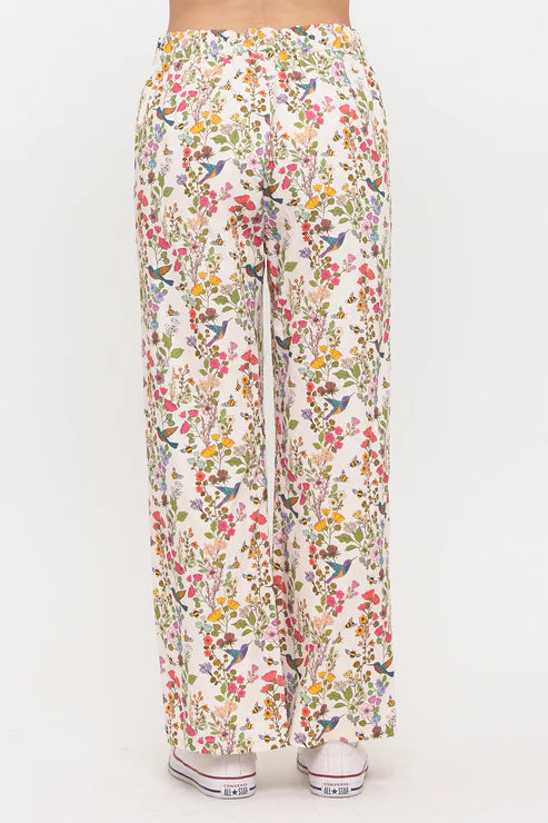 Floral Hummingbird Print Wide Leg Pants