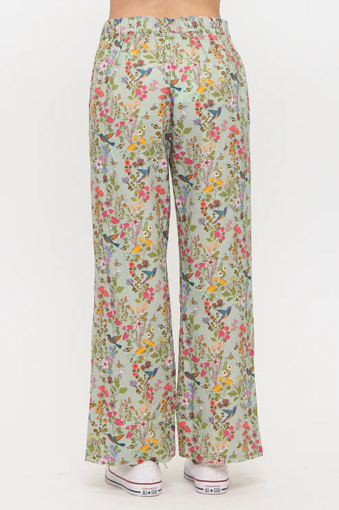 Floral Hummingbird Print Wide Leg Pants