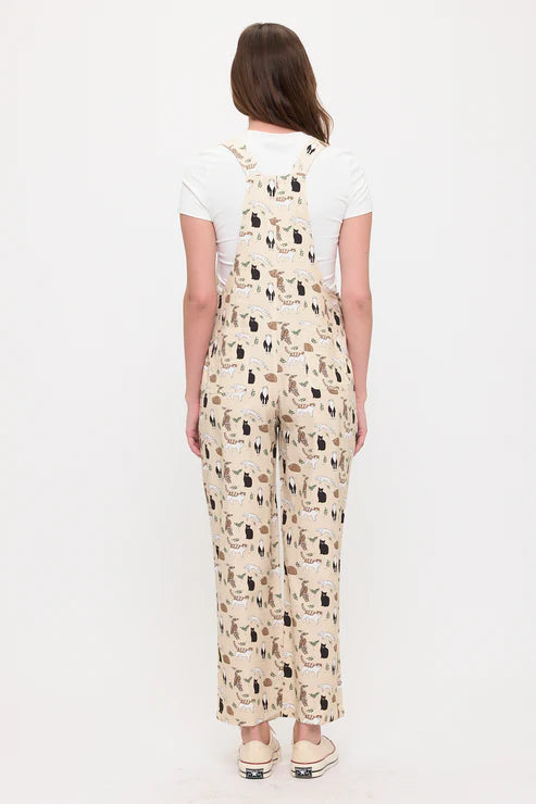 Playful Cats And Leaves Print Overalls
