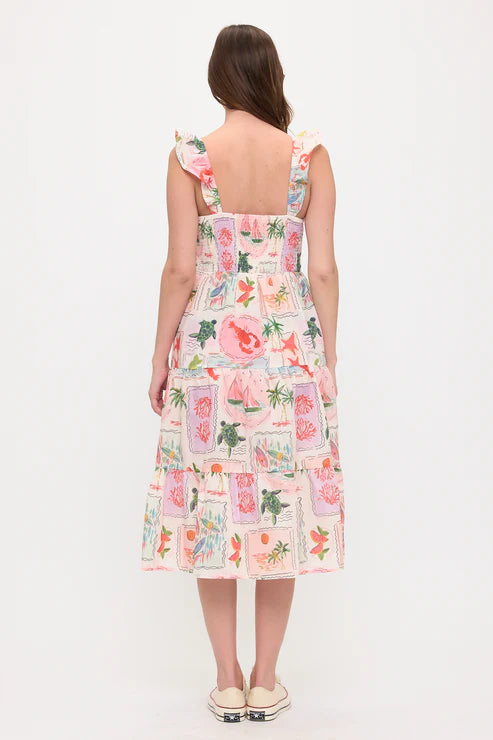 Coastal Vacation Print Ruffle Sleeve Midi Dress