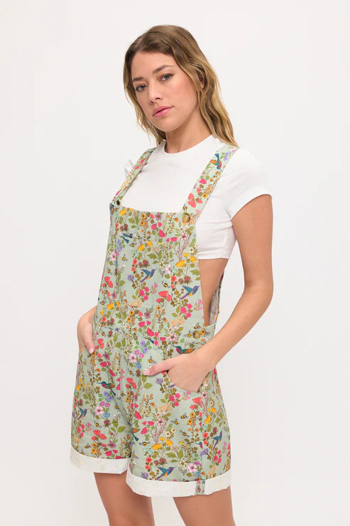 Floral Hummingbird Print Shortalls