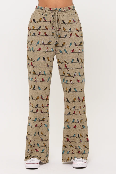 Colorful Chirpy Birds Print Flare Pants