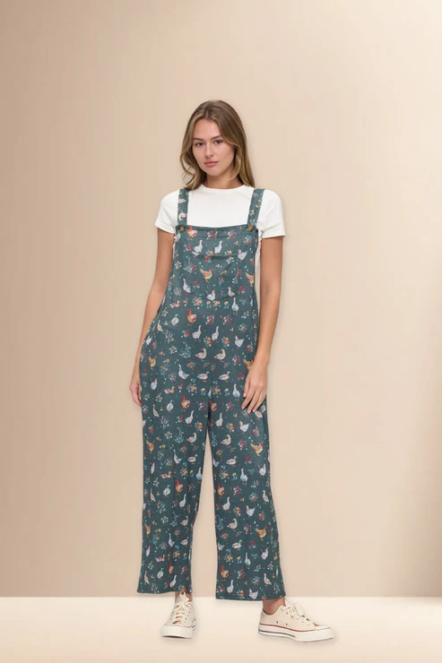 Ducks and Chickens Floral Print Overalls
