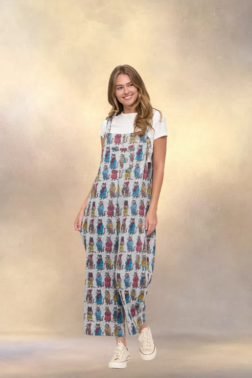 Cozy Cats Print Overalls