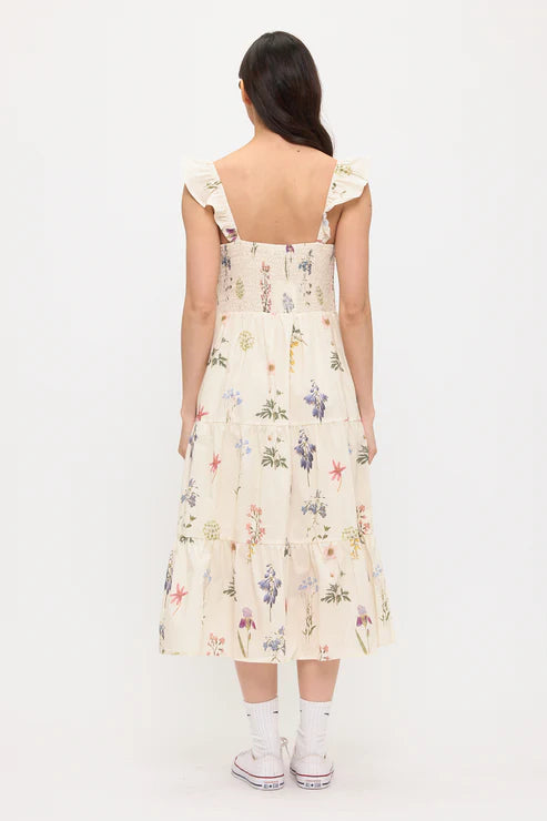 Vintage Floral Print Ruffle Sleeve Midi Dress