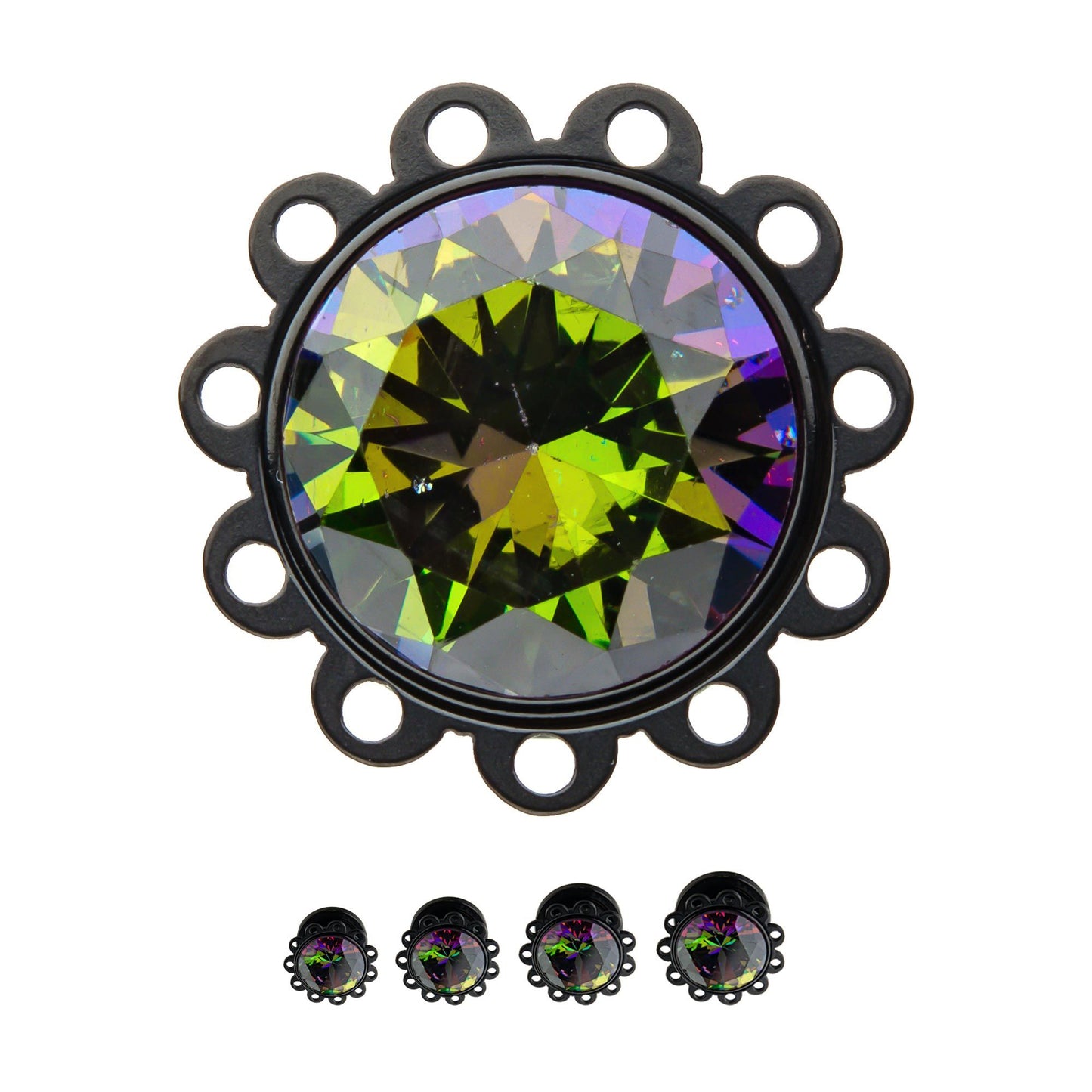 Circle Eyelet Rimmed plug with Vitrail Medium Gems 0g - 7/8"