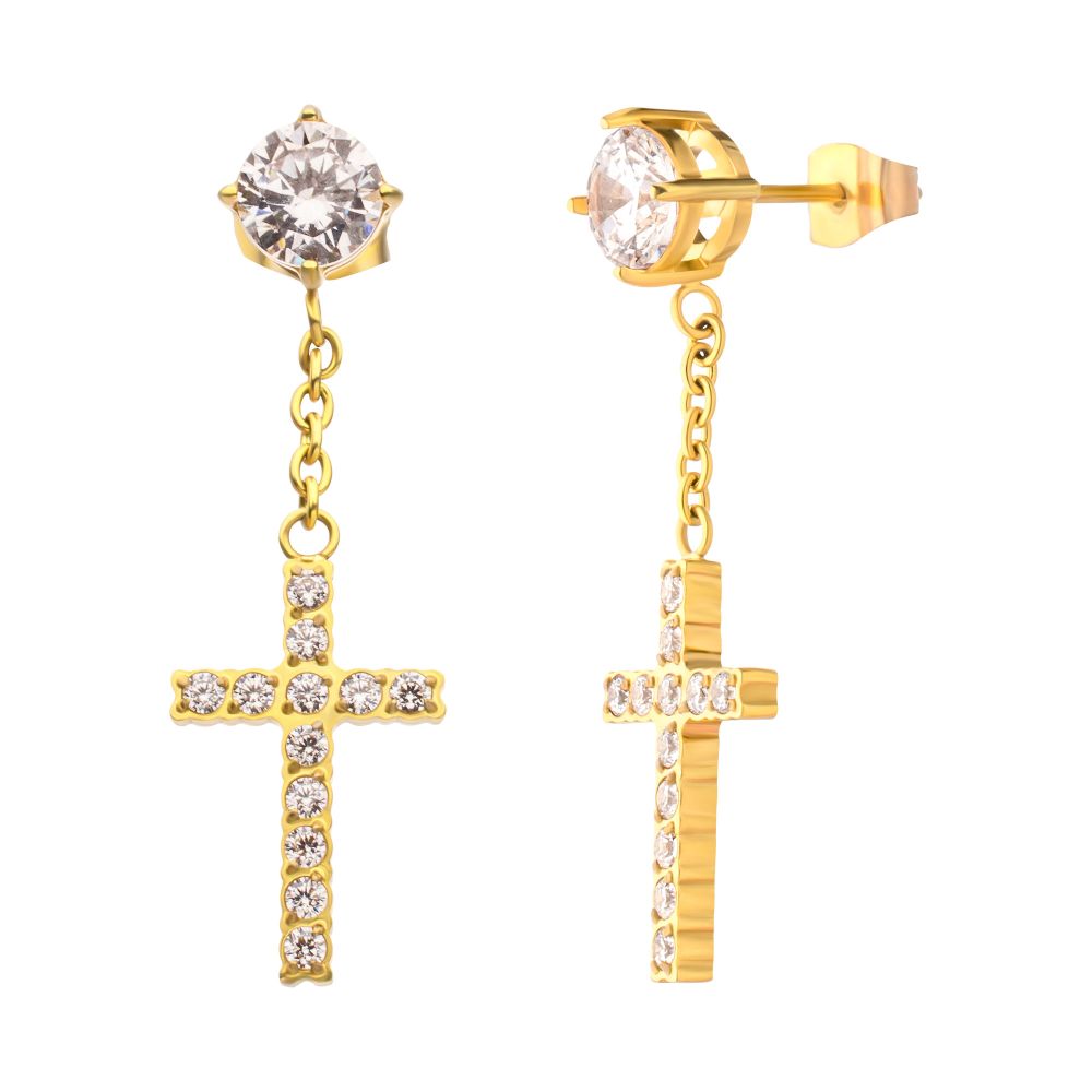 Gold Plated 5mm Cross Dangle Stud Earrings