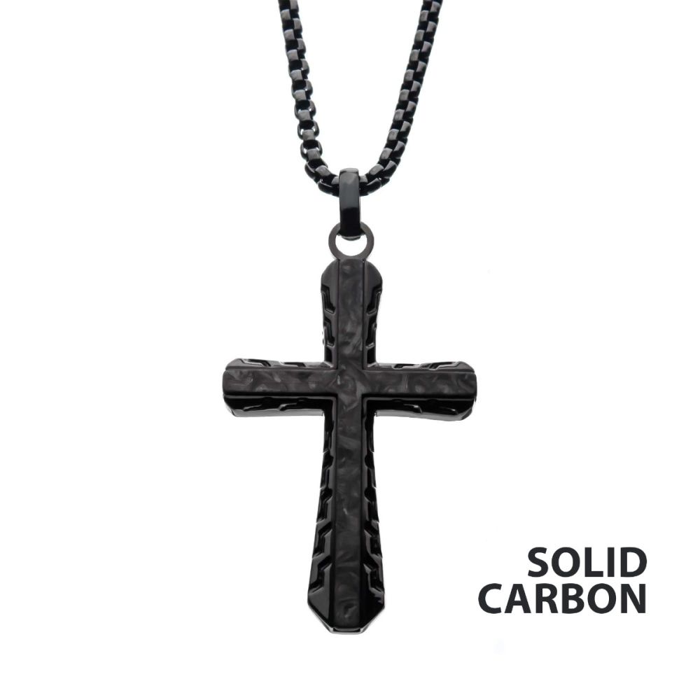 Steel Black Carbon Cross With Chain 24"
