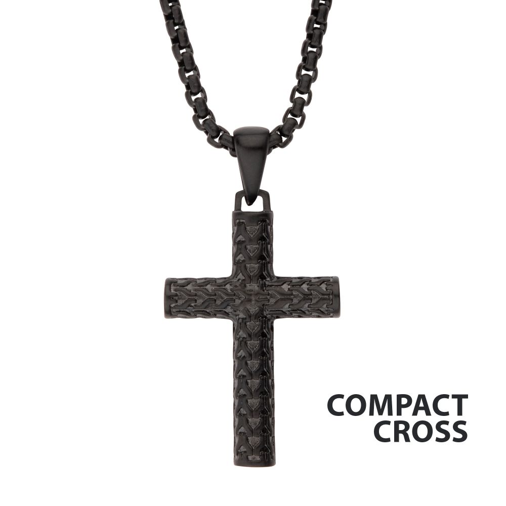 Black IP Steel Scale Cross Pendant 22"