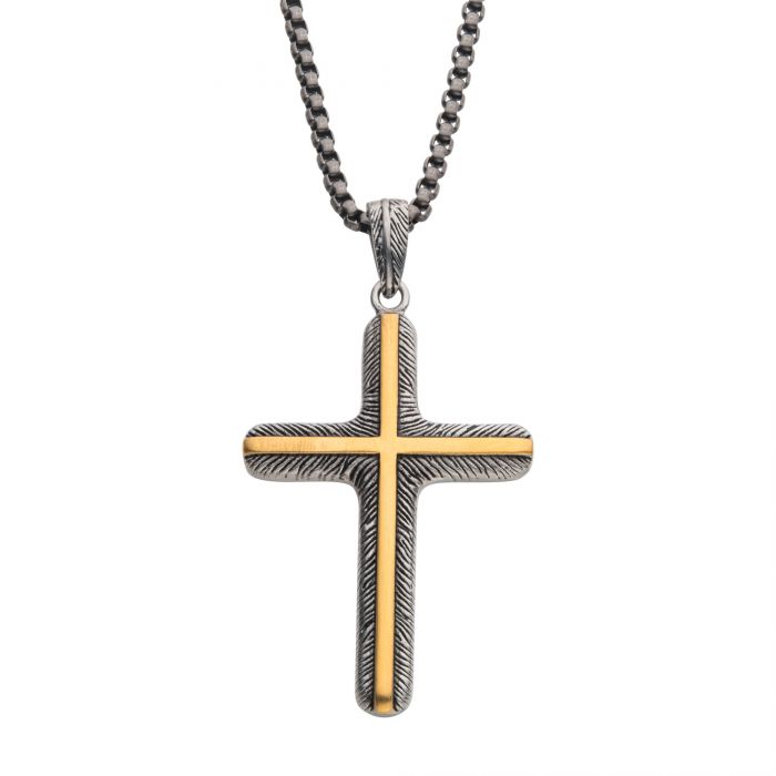 Steel Pendant Cross Gold Plated Inlay 24"