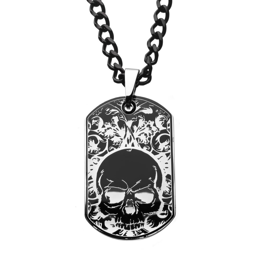 Steel Black IP Skull Design Dog Tag With Chain