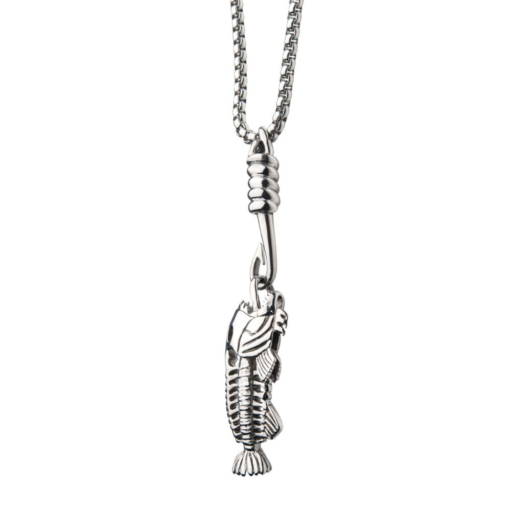 Polished Steel Fishbone Pendant with Hook & 24" Box Chain