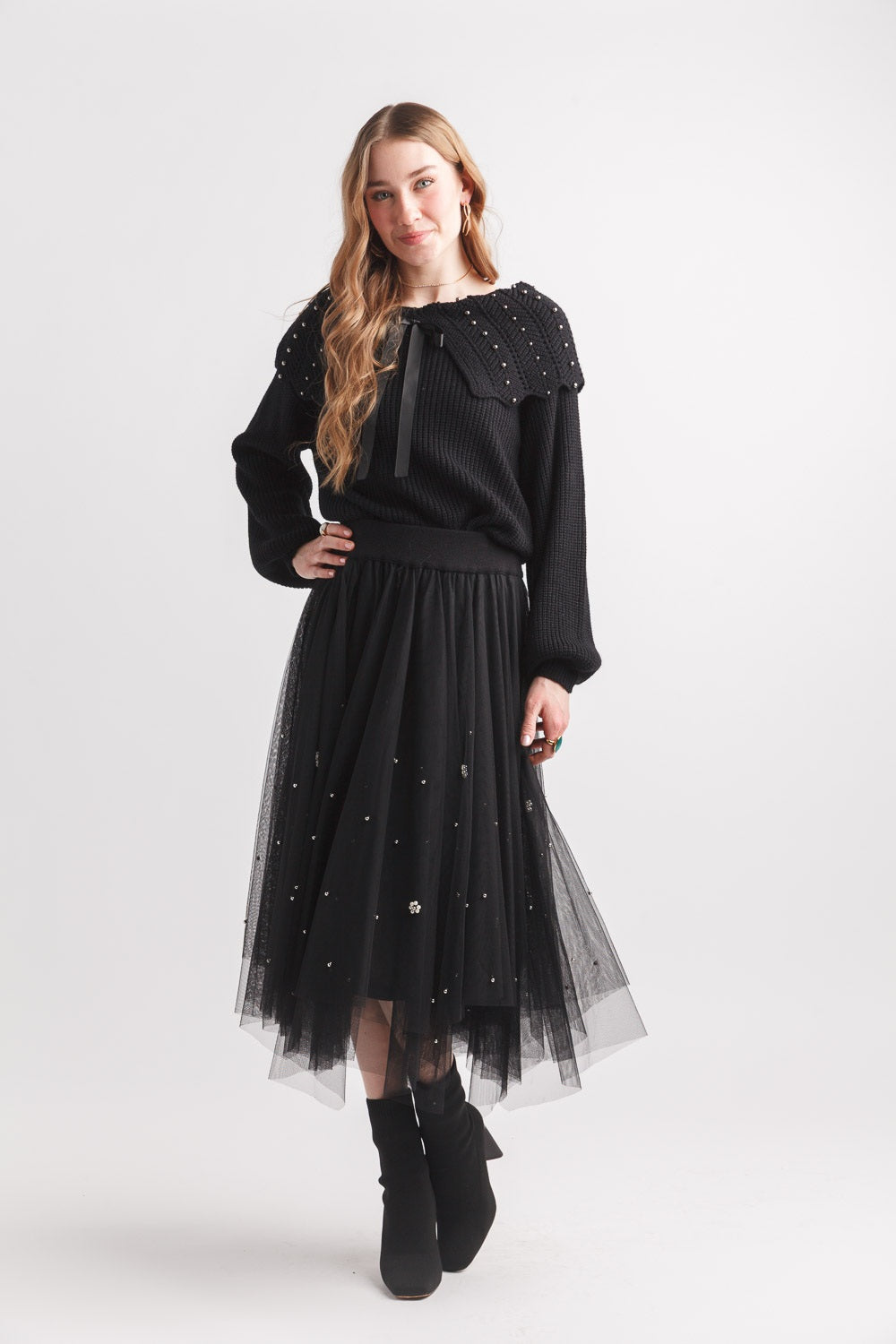 Off Shoulder Pearl Detail Sweater With Balloon Sleeves